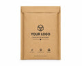 A brown kraft paper mailer envelope with a black printed box icon and placeholder text reading 'YOUR LOGO' on a clean white background.