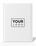 A white textured bubble mailer envelope with a repeating circular embossed pattern and a central black placeholder box reading 'YOUR LOGO', shown on a clean white background.