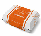 A white and orange cardboard burger box mockup with placeholder branding text 'YOUR LOGO' and 'BURGER BOX' on a clean white background.