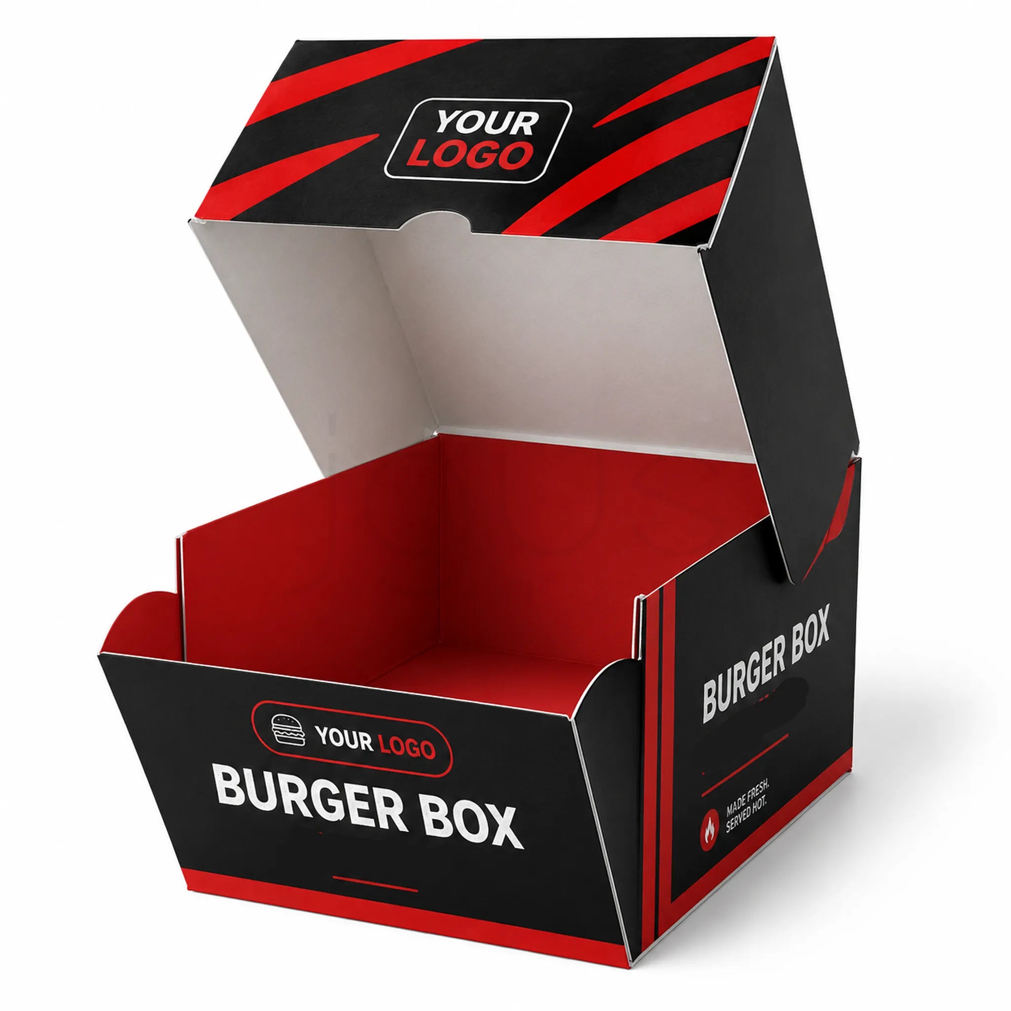 An open cardboard burger box with a black exterior, red interior, and red and black diagonal stripe accents on the lid. The box features placeholder branding text reading 'YOUR LOGO' and 'BURGER BOX' on a clean white background.