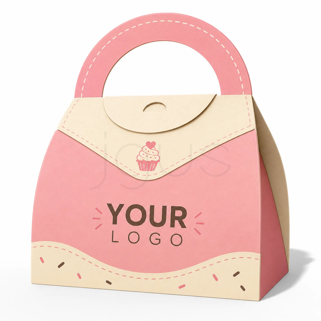 A pink and beige paper gift bag or packaging box with a rounded top handle, featuring a cupcake illustration and the text 'YOUR LOGO' on the front, shown on a white background.