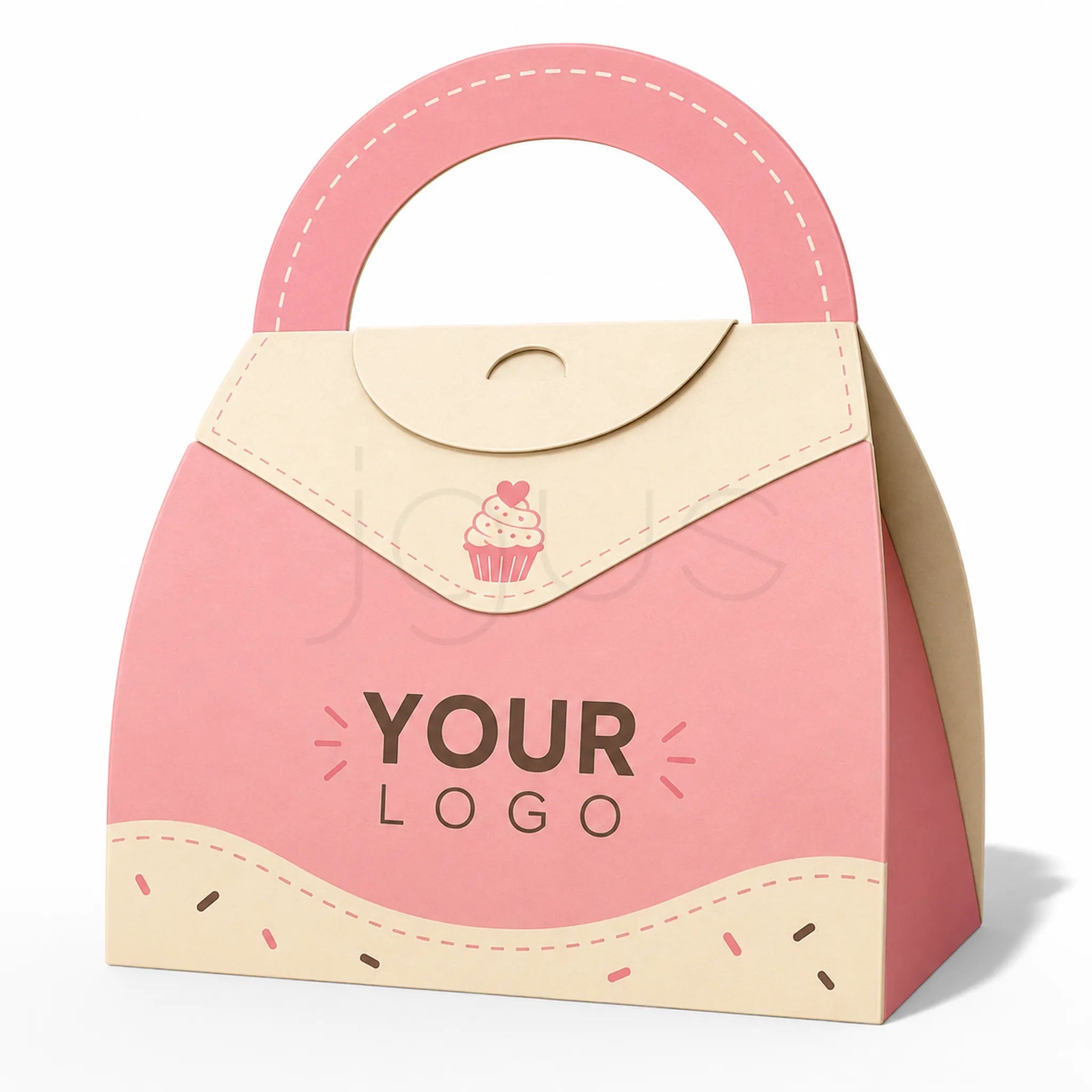 A pink and beige paper gift bag or packaging box with a rounded top handle, featuring a cupcake illustration and the text 'YOUR LOGO' on the front, shown on a white background.