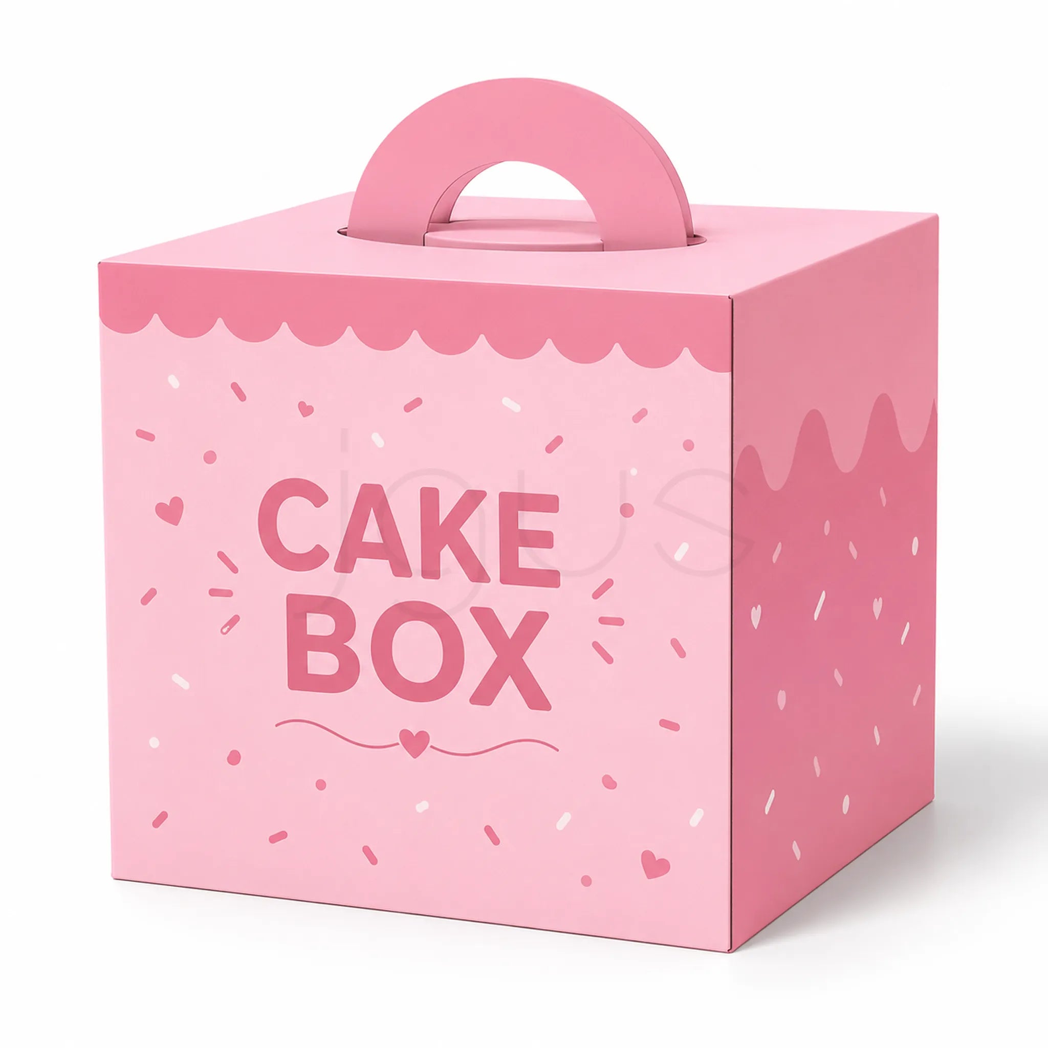 A pink cardboard cake box with a built-in handle, decorated with scalloped frosting-style edges, sprinkle details, and the words 'CAKE BOX' on the front, shown on a white background.
