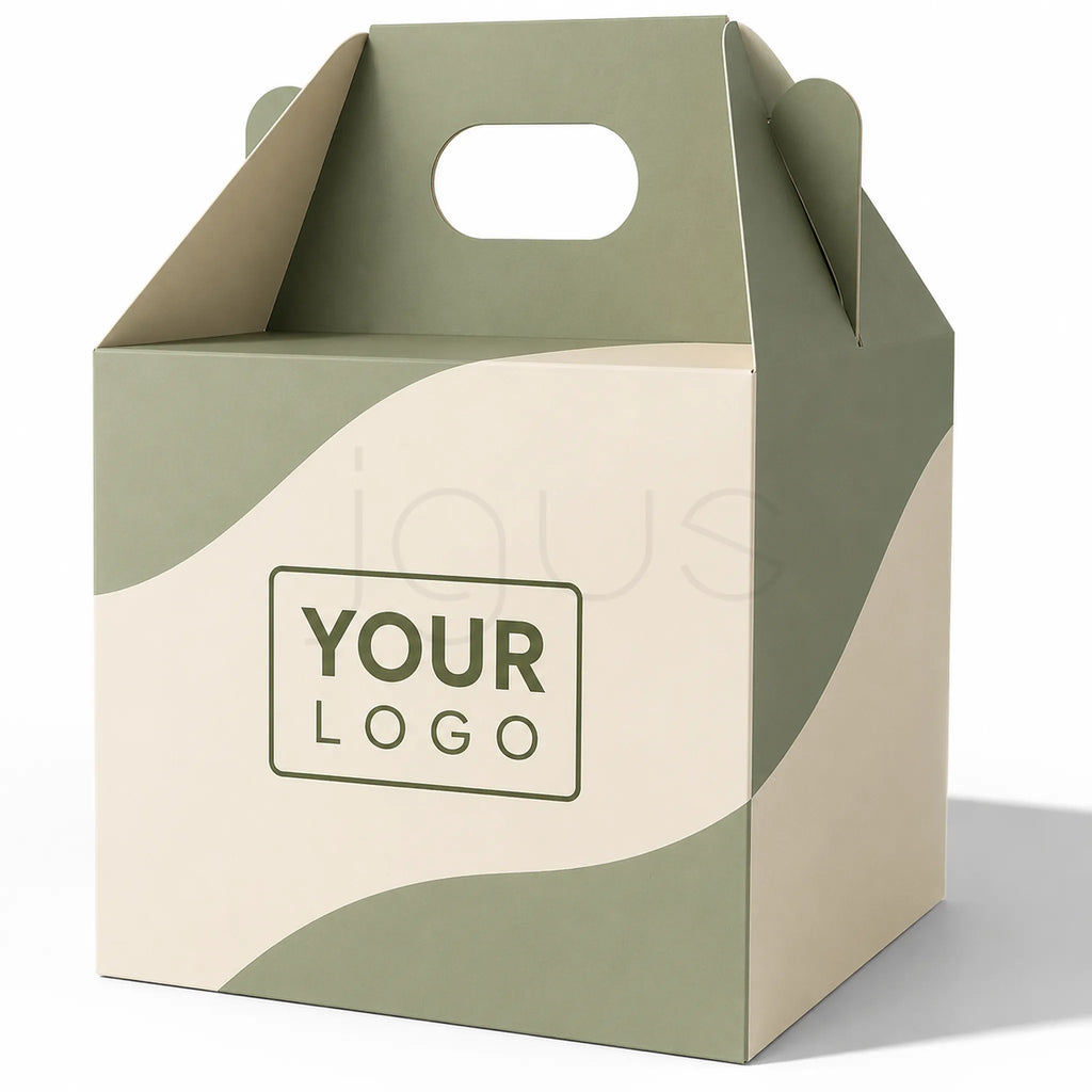 A custom cardboard gift box with a die-cut handle, featuring a sage green and cream wavy pattern. The front has a placeholder label that reads 'YOUR LOGO'.
