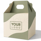 A custom cardboard gift box with a die-cut handle, featuring a sage green and cream wavy pattern. The front has a placeholder label that reads 'YOUR LOGO'.