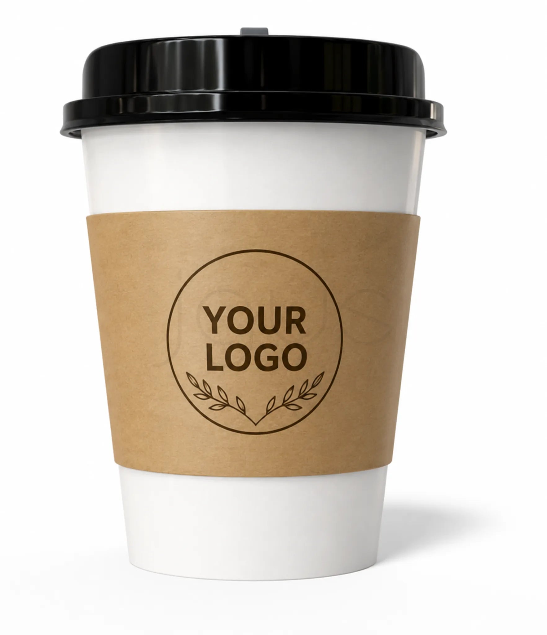 A white paperless takeaway coffee cup with a black lid and a brown kraft paper sleeve featuring a customizable 'YOUR LOGO' print, shown on a white background.