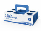 A 6-pack carrier box with a built-in handle, shown on a clean white background. The box is white with blue graphics, text, and accents, including circular cutouts for bottles or cans.