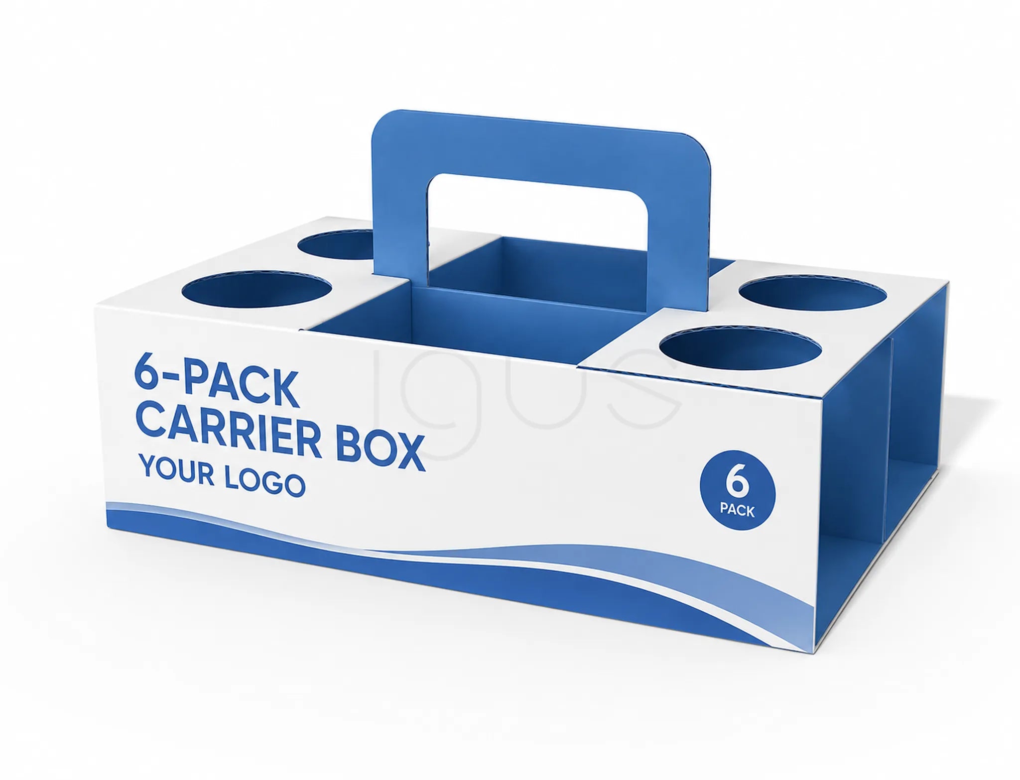 A 6-pack carrier box with a built-in handle, shown on a clean white background. The box is white with blue graphics, text, and accents, including circular cutouts for bottles or cans.