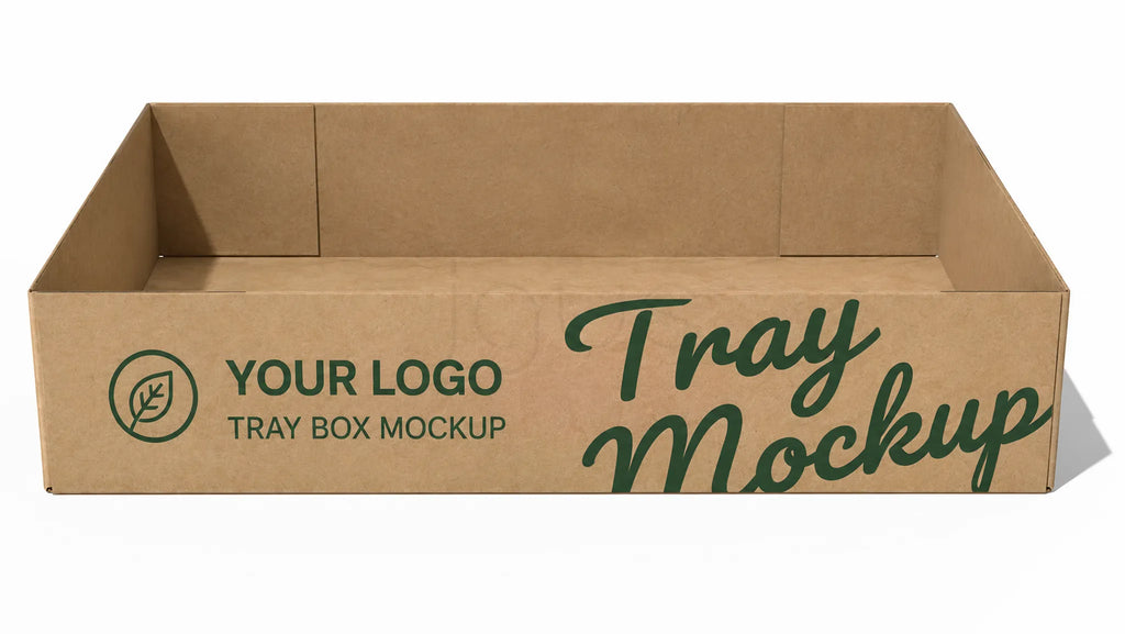An empty brown cardboard tray box mockup on a white background, featuring placeholder text 'YOUR LOGO' and 'Tray Mockup' printed on the side.