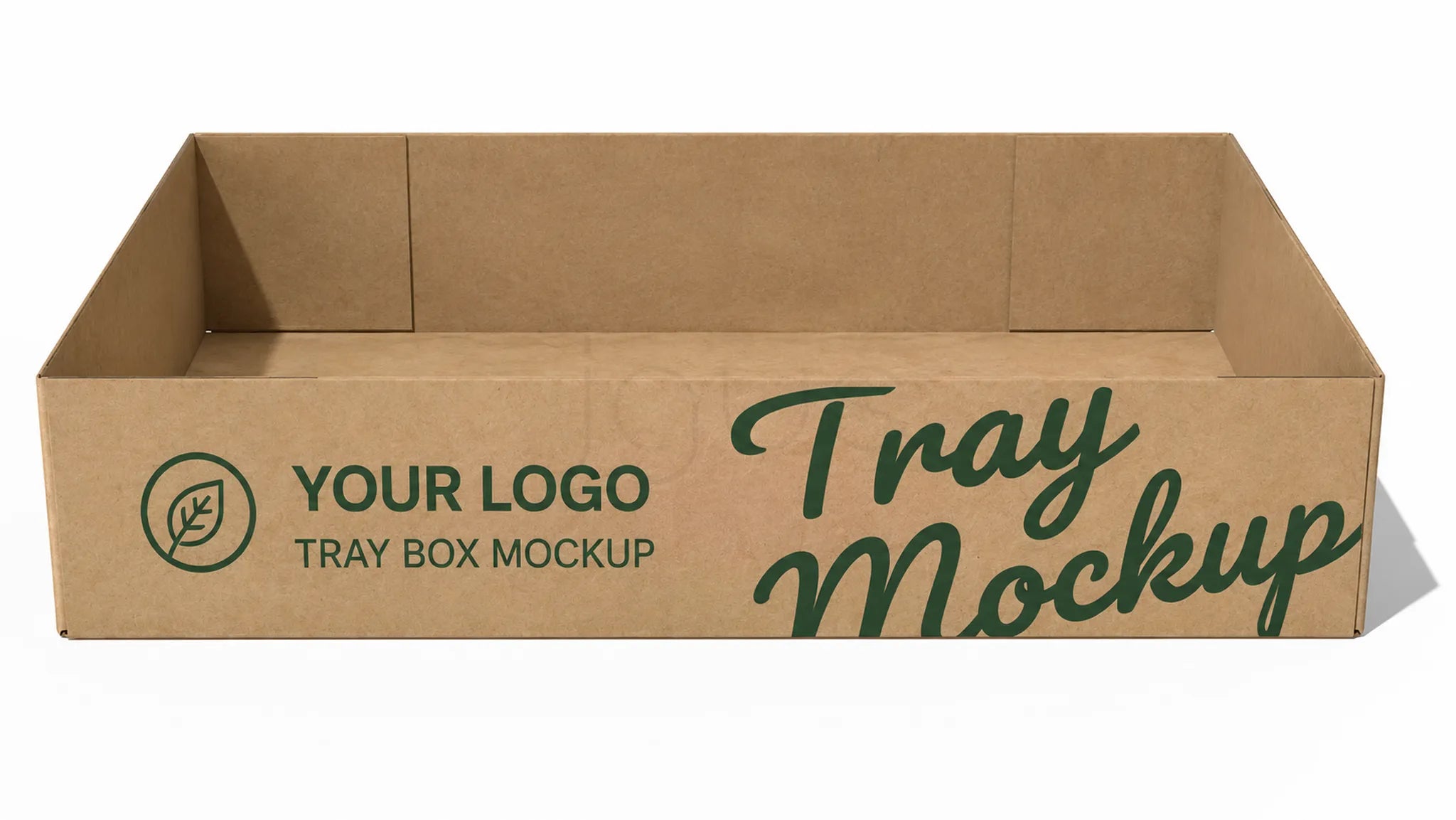 An empty brown cardboard tray box mockup on a white background, featuring placeholder text 'YOUR LOGO' and 'Tray Mockup' printed on the side.