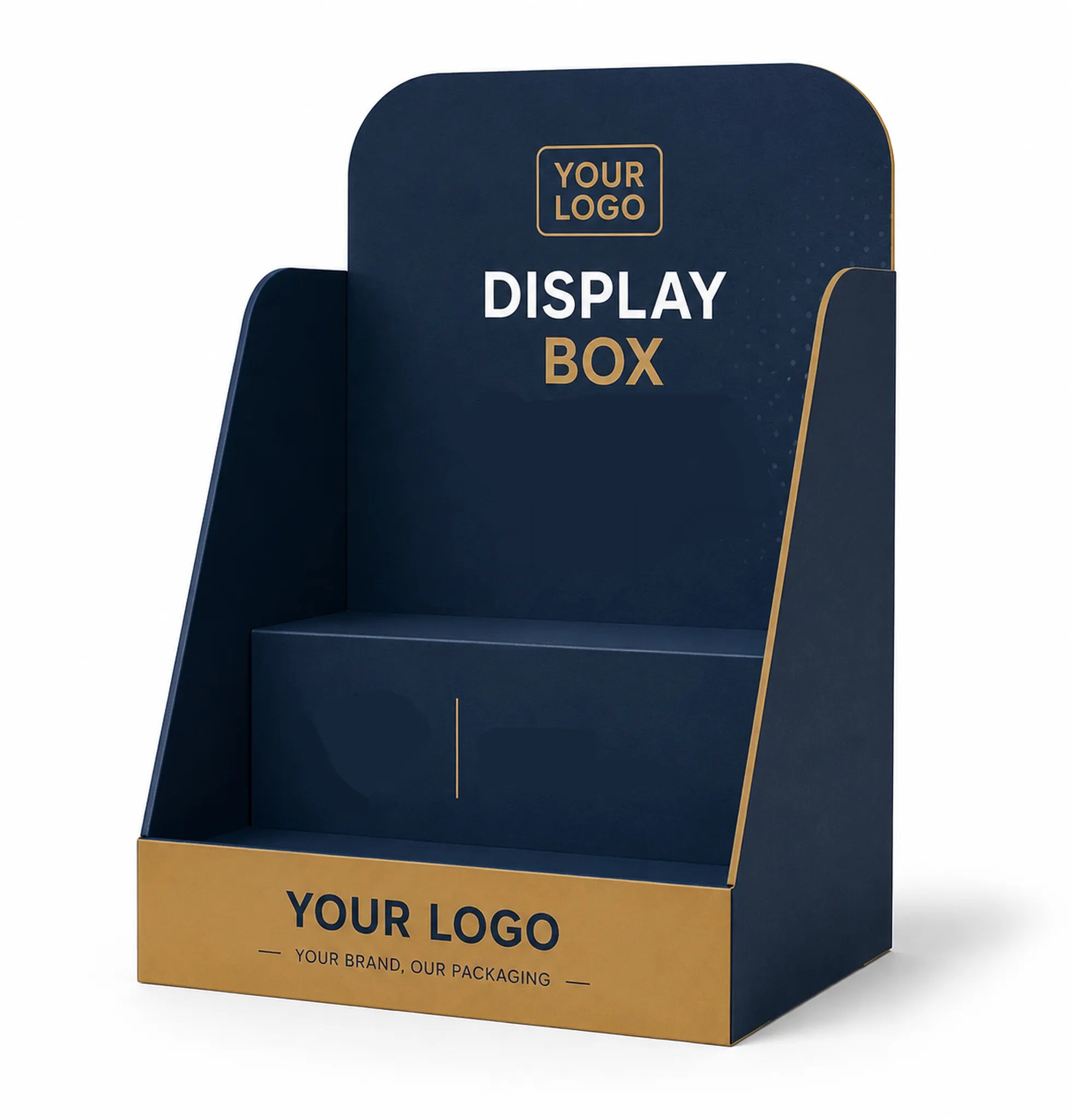 A navy blue retail display box with gold trim and placeholder branding text, shown on a clean white background.