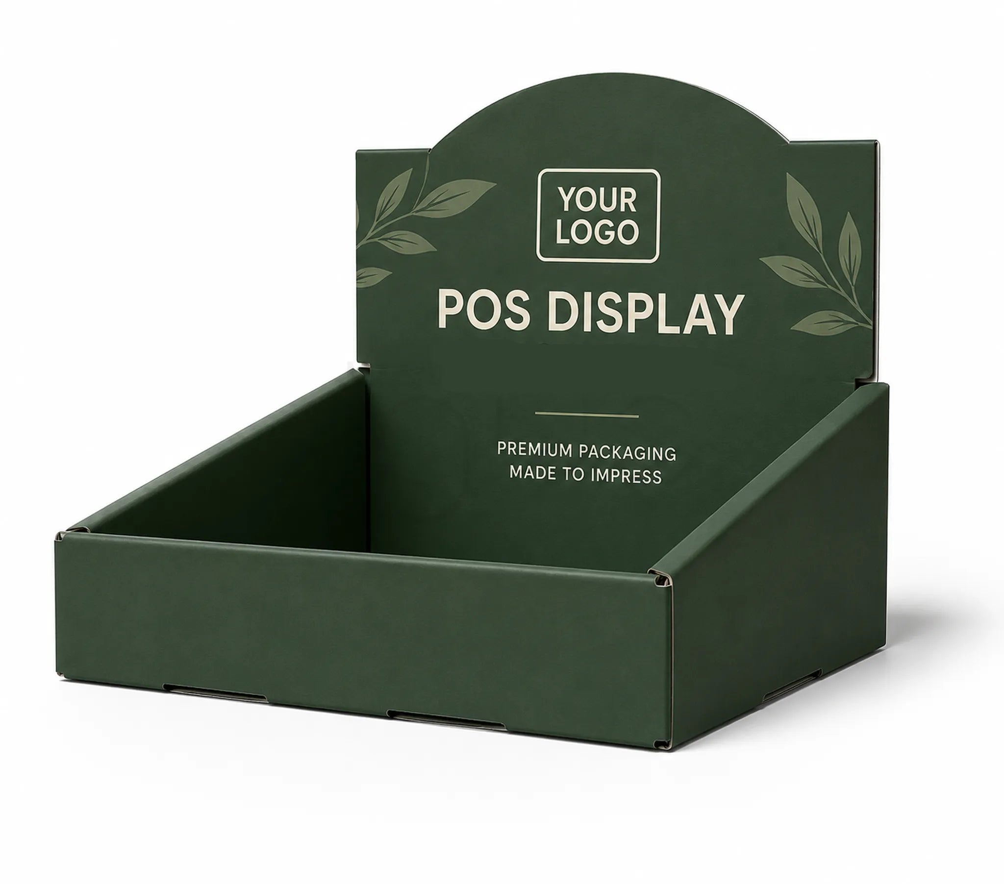 A dark green cardboard retail display stand with a hinged back panel, shown on a clean white background. The display features placeholder text reading 'YOUR LOGO' and 'POS DISPLAY' along with decorative leaf illustrations.