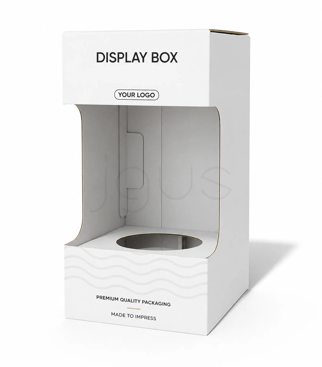 A white cardboard display box with a large clear window on the front, printed with the text 'DISPLAY BOX' and 'YOUR LOGO', shown on a clean white background.