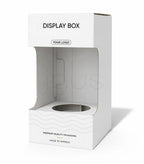 A white cardboard display box with a large clear window on the front, printed with the text 'DISPLAY BOX' and 'YOUR LOGO', shown on a clean white background.