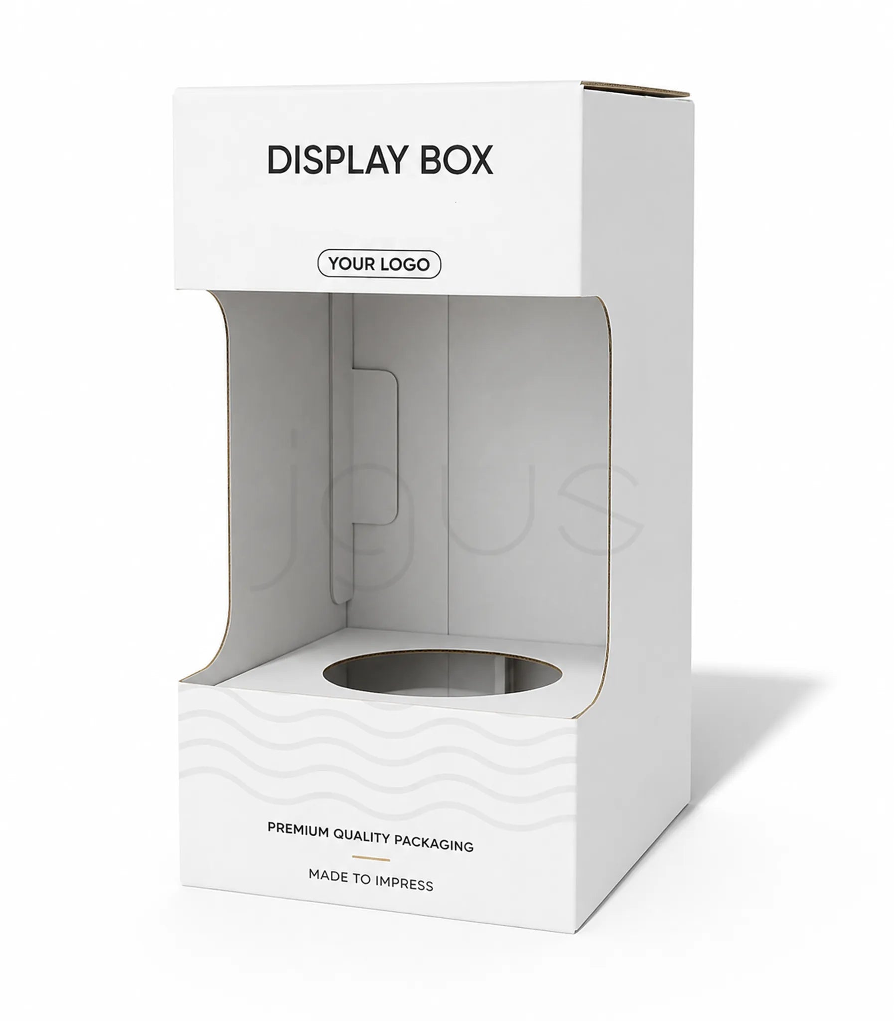 A white cardboard display box with a large clear window on the front, printed with the text 'DISPLAY BOX' and 'YOUR LOGO', shown on a clean white background.