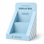 A light blue cardboard display box with two tiers, featuring placeholder text 'DISPLAY BOX' and 'YOUR LOGO' on the front panel, with diagonal white stripes on the right side, shown on a white background.