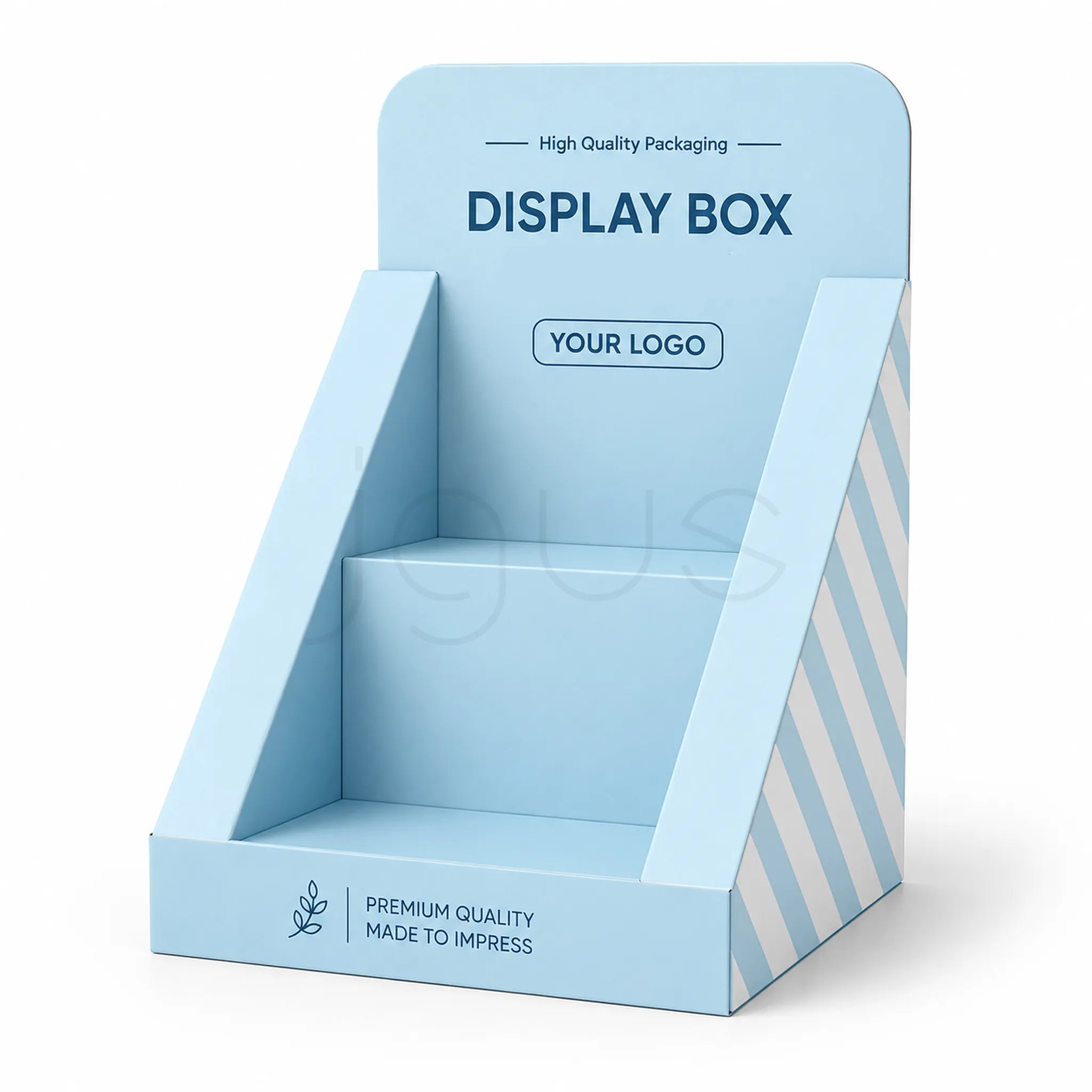 A light blue cardboard display box with two tiers, featuring placeholder text 'DISPLAY BOX' and 'YOUR LOGO' on the front panel, with diagonal white stripes on the right side, shown on a white background.