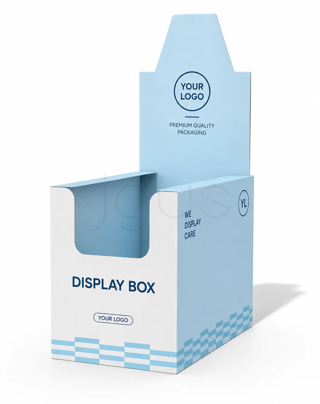 A light blue and white cardboard display box with a hinged back panel, shown on a clean white background. The packaging features placeholder text such as 'YOUR LOGO' and 'DISPLAY BOX'.