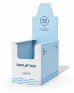 A light blue and white cardboard display box with a hinged back panel, shown on a clean white background. The packaging features placeholder text such as 'YOUR LOGO' and 'DISPLAY BOX'.