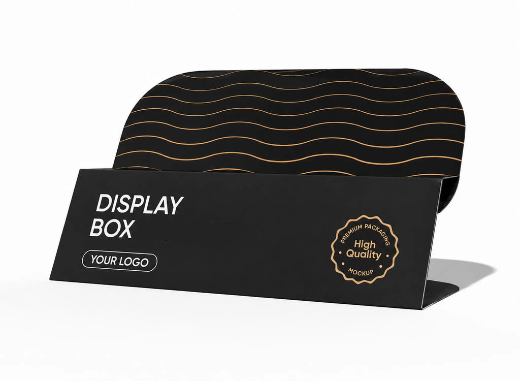 A black display box mockup with a folded front panel reading 'DISPLAY BOX' and 'YOUR LOGO,' plus a circular badge that says 'High Quality Mockup.' Behind it is a curved black panel with thin gold wavy lines.