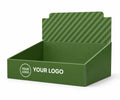 A green display box with an open top and back panel, featuring diagonal striped pattern on the inner back panel and white placeholder text reading 'YOUR LOGO' on the front, shown on a white background.