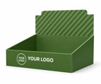A green display box with an open top and back panel, featuring diagonal striped pattern on the inner back panel and white placeholder text reading 'YOUR LOGO' on the front, shown on a white background.