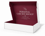An open white cardboard gift box with a deep burgundy interior, shown on a clean white background. The inside lid features a placeholder logo and the text 'PERSONAL CARE BOX MOCKUP'.