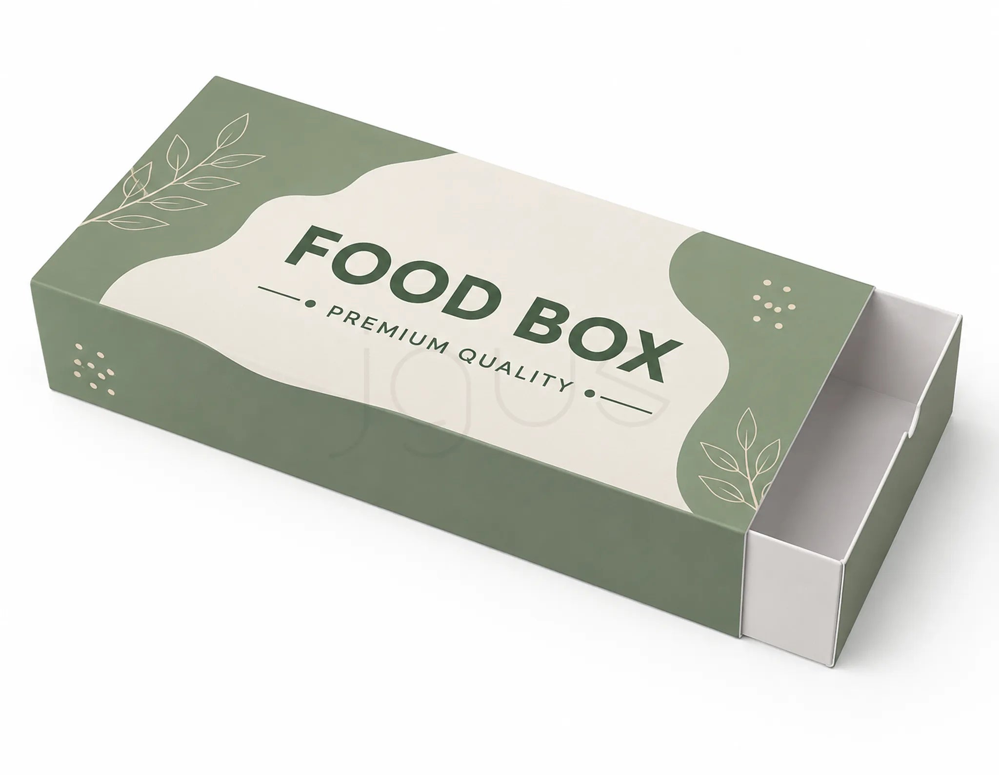 A rectangular cardboard food box with a hinged sliding lid, shown open on a clean white background. The box features a sage green and cream design with minimalist botanical line drawings and the text 'FOOD BOX PREMIUM QUALITY' printed on the top.