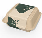 A square biodegradable paper food container with a hinged lid, featuring a natural beige kraft paper body and a dark green paper band with white leaf illustrations.