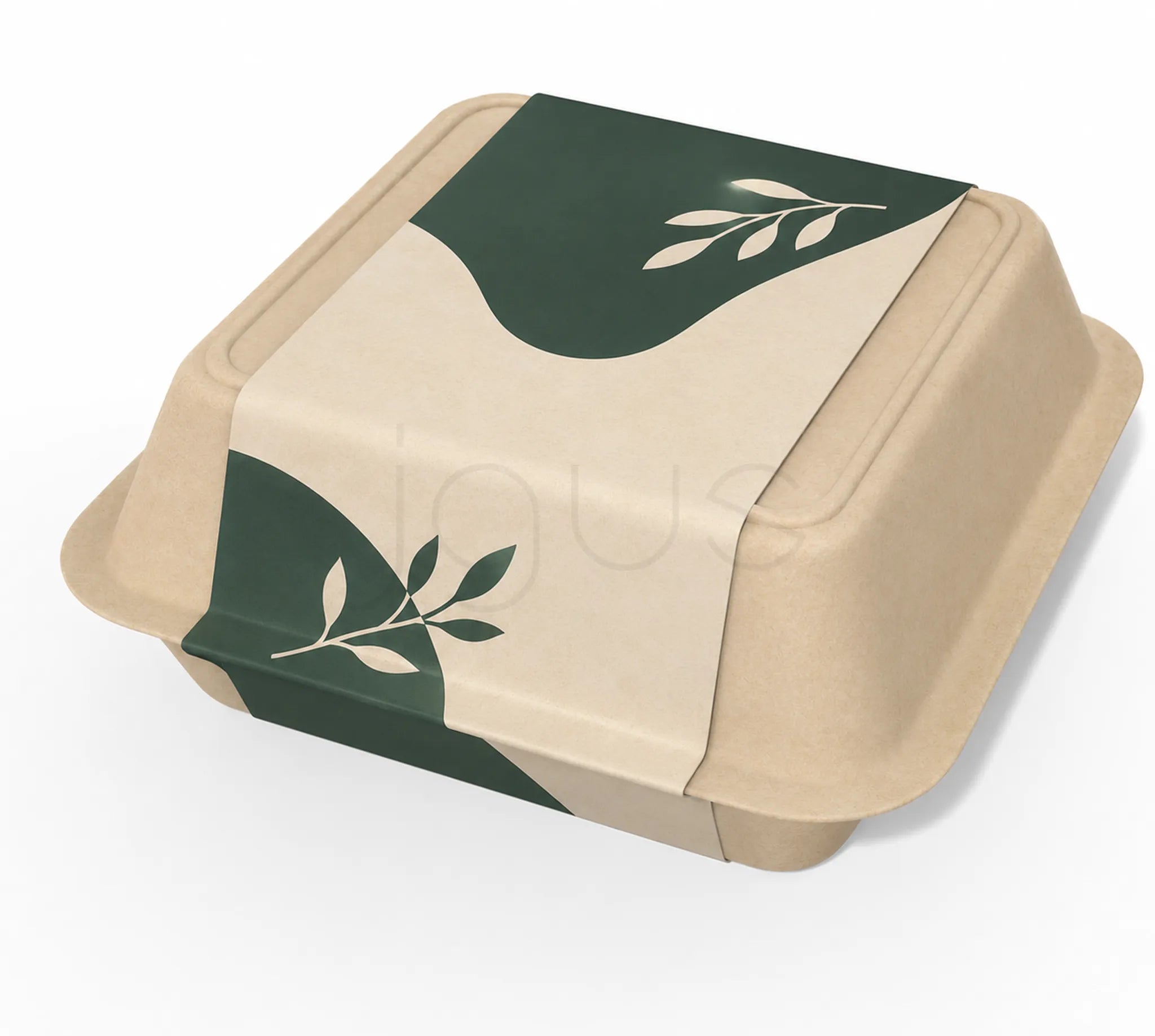 A square biodegradable paper food container with a hinged lid, featuring a natural beige kraft paper body and a dark green paper band with white leaf illustrations.