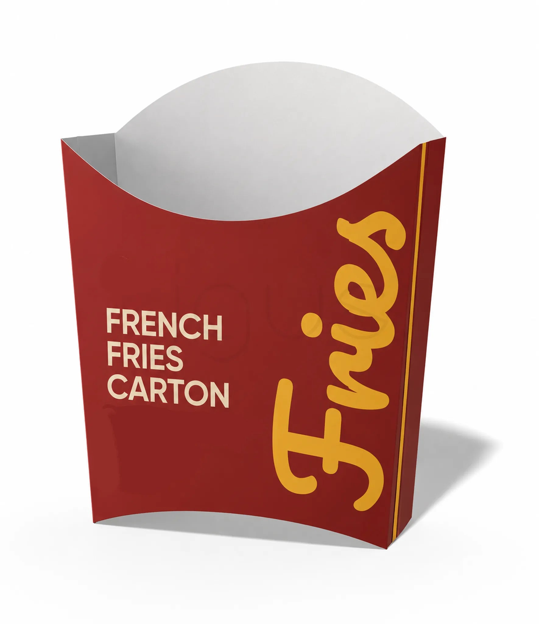 A red French fries carton with yellow lettering reading 'Fries' and 'FRENCH FRIES CARTON' on a white background.