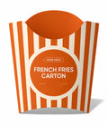 A 3D digital mockup of a French fries carton with orange and white vertical stripes, featuring a central orange circle with the text 'FRENCH FRIES CARTON' and a placeholder logo 'YOUR LOGO'.
