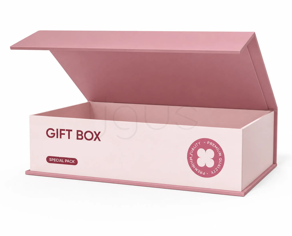 A pink gift box with its lid open, featuring the text 'GIFT BOX' and 'SPECIAL PACK' on the front, set against a plain white background.