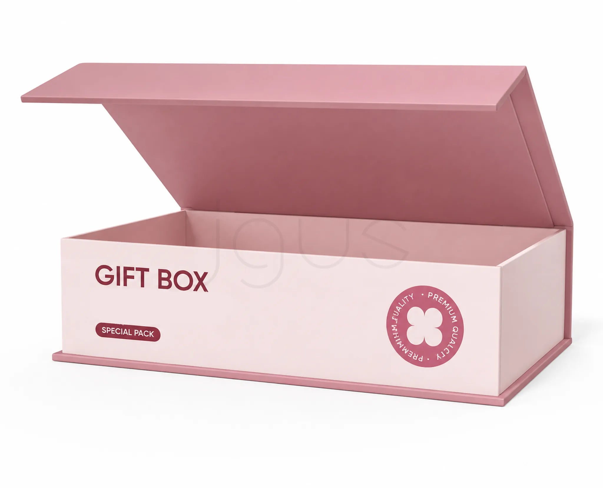 A pink gift box with its lid open, featuring the text 'GIFT BOX' and 'SPECIAL PACK' on the front, set against a plain white background.