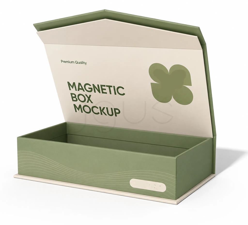 An open green magnetic box mockup with a cream-colored inner panel, featuring the text 'MAGNETIC BOX MOCKUP' and a green four-leaf clover graphic on a white background.