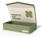 An open green magnetic box mockup with a cream-colored inner panel, featuring the text 'MAGNETIC BOX MOCKUP' and a green four-leaf clover graphic on a white background.