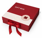 A red and white gift box with a red ribbon bow and a circular decorative seal, shown on a clean white background. The top of the box is red with the words 'GIFT BOX' printed in white.