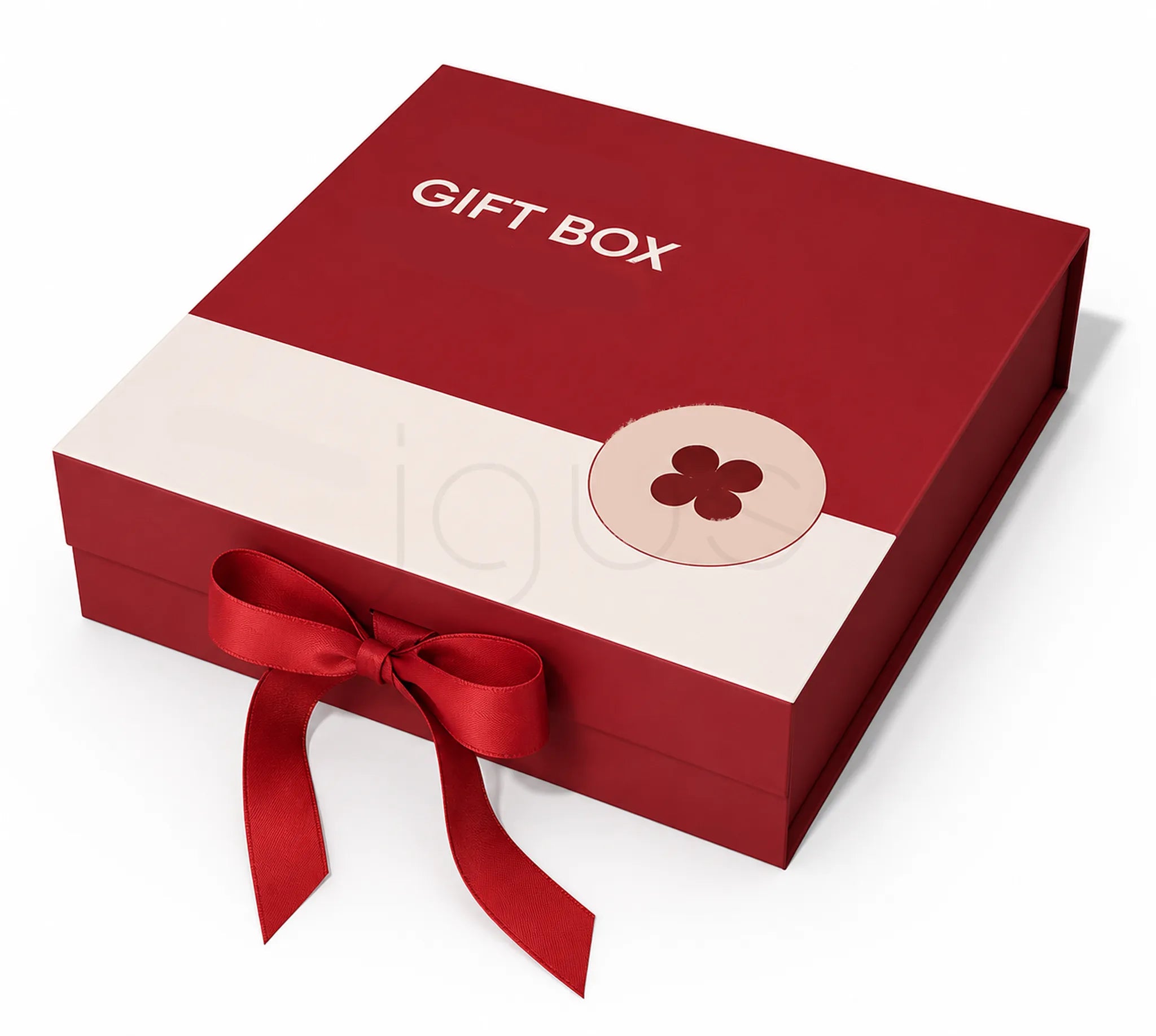 A red and white gift box with a red ribbon bow and a circular decorative seal, shown on a clean white background. The top of the box is red with the words 'GIFT BOX' printed in white.