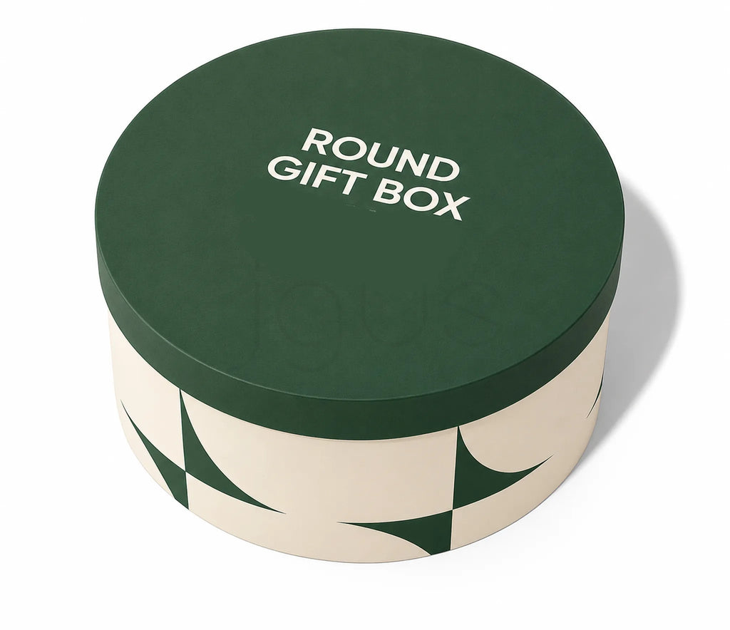A round gift box with a dark green lid printed with the words 'ROUND GIFT BOX' in white, and a cream-colored body featuring a dark green geometric pattern, shown on a white background.