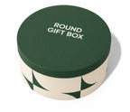 A round gift box with a dark green lid printed with the words 'ROUND GIFT BOX' in white, and a cream-colored body featuring a dark green geometric pattern, shown on a white background.