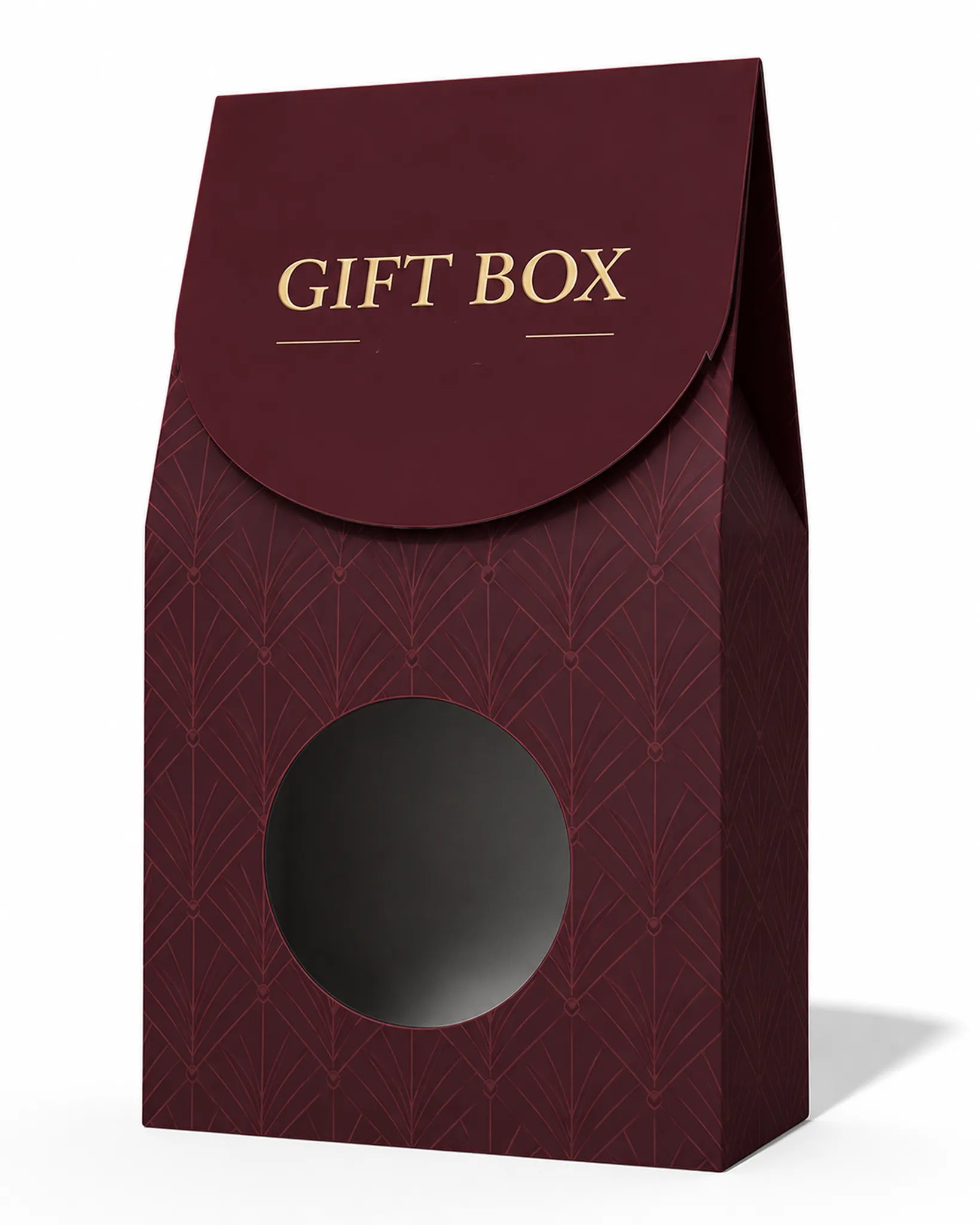 A dark burgundy gift box packaging with a gold foil 'GIFT BOX' label on the flap and a circular cutout window on the front, shown on a white background.