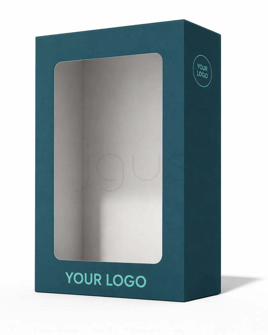 A dark teal rectangular product box with a large clear window on the front, shown on a white background. The box has placeholder text reading 'YOUR LOGO' on the bottom and a small circular 'YOUR LOGO' mark on the side.