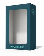 A dark teal rectangular product box with a large clear window on the front, shown on a white background. The box has placeholder text reading 'YOUR LOGO' on the bottom and a small circular 'YOUR LOGO' mark on the side.