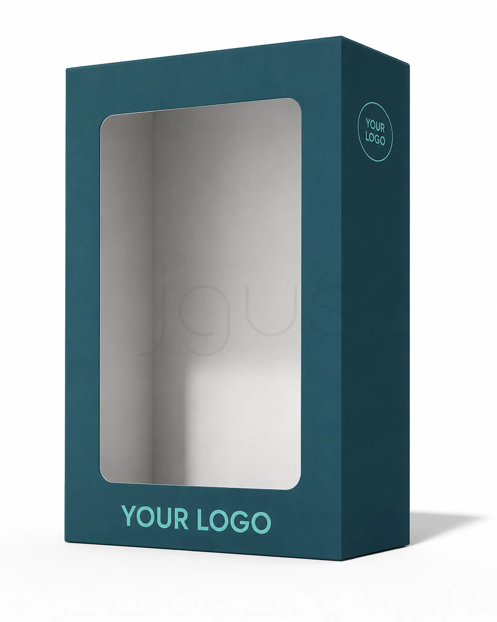 A dark teal rectangular product box with a large clear window on the front, shown on a white background. The box has placeholder text reading 'YOUR LOGO' on the bottom and a small circular 'YOUR LOGO' mark on the side.