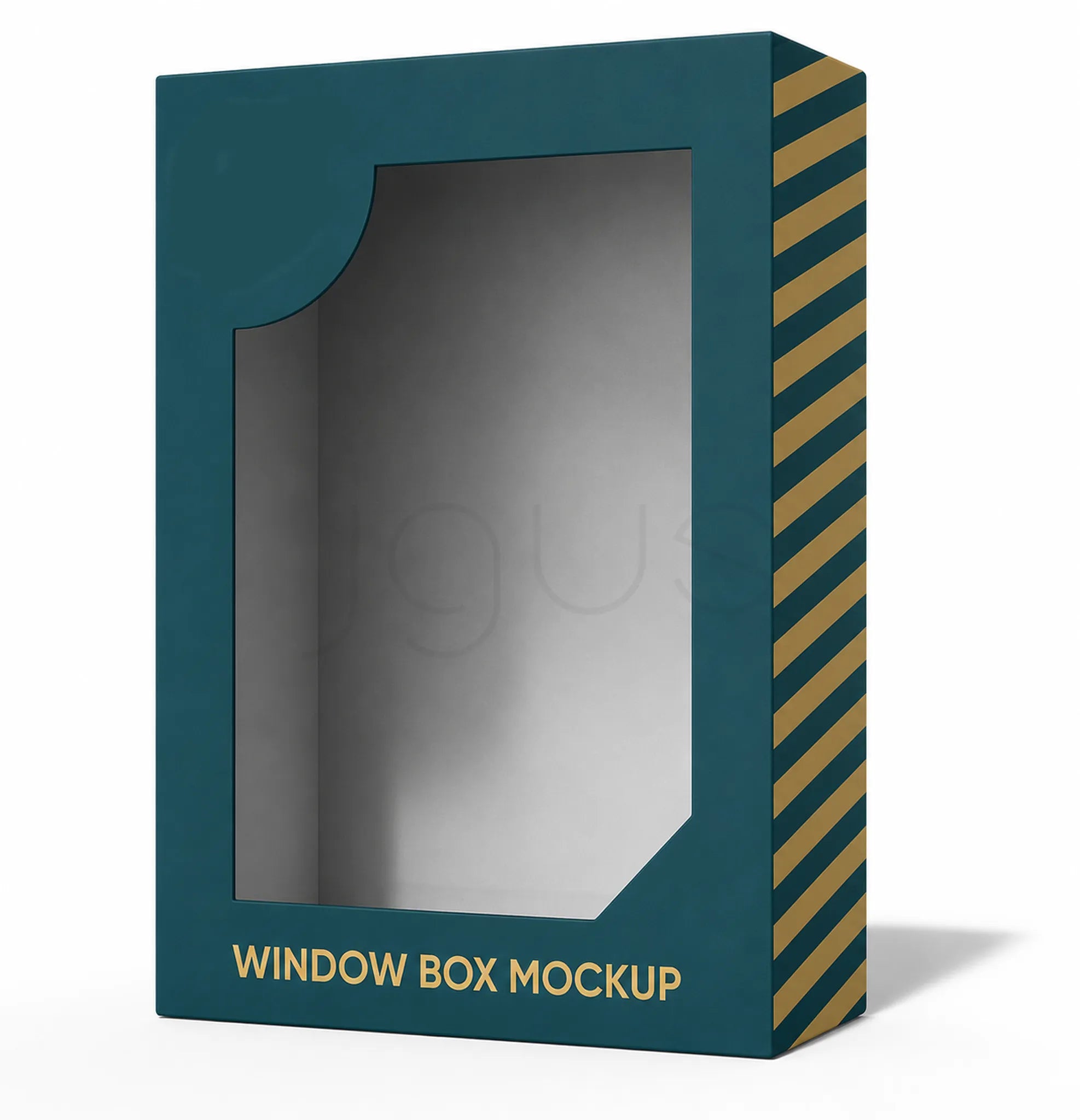 A 3D mockup of a rectangular window box package. The box features a dark teal front panel with a large die-cut window, gold text reading 'WINDOW BOX MOCKUP' at the bottom, and diagonal gold stripes on the right side panel, all set against a clean white background.