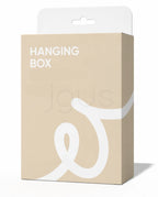 A beige hanging box package with a white top hanger tab and white printed text reading 'HANGING BOX' on a clean white background.