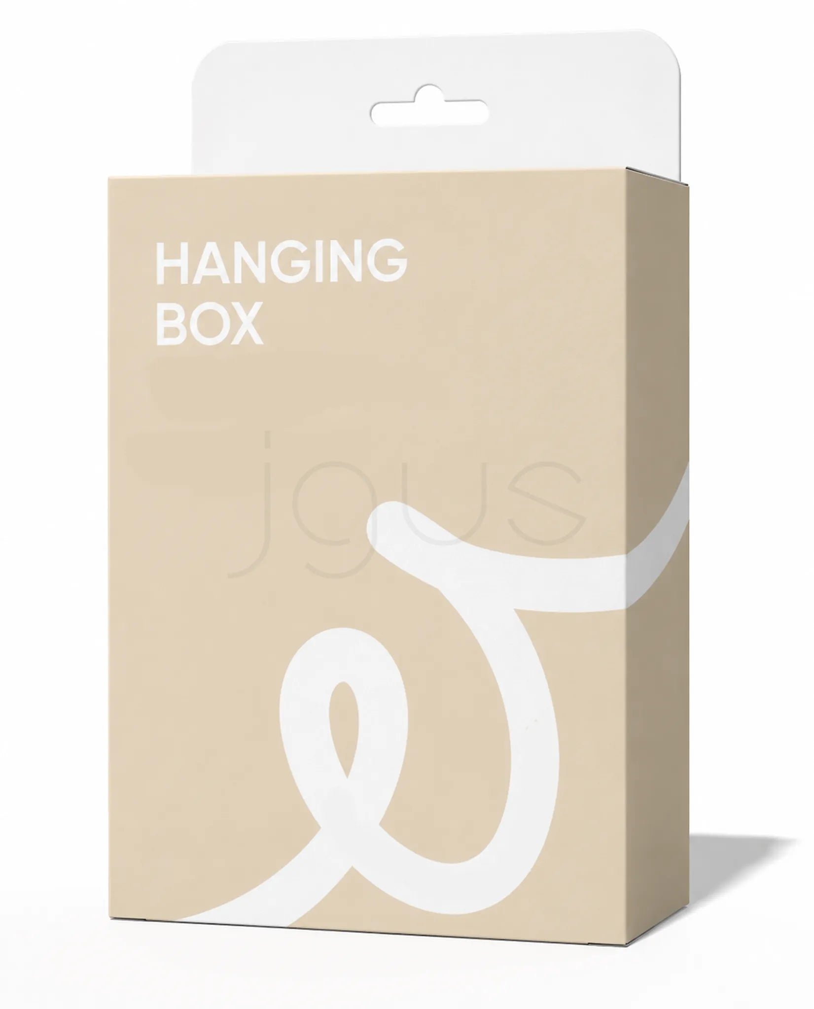 A beige hanging box package with a white top hanger tab and white printed text reading 'HANGING BOX' on a clean white background.