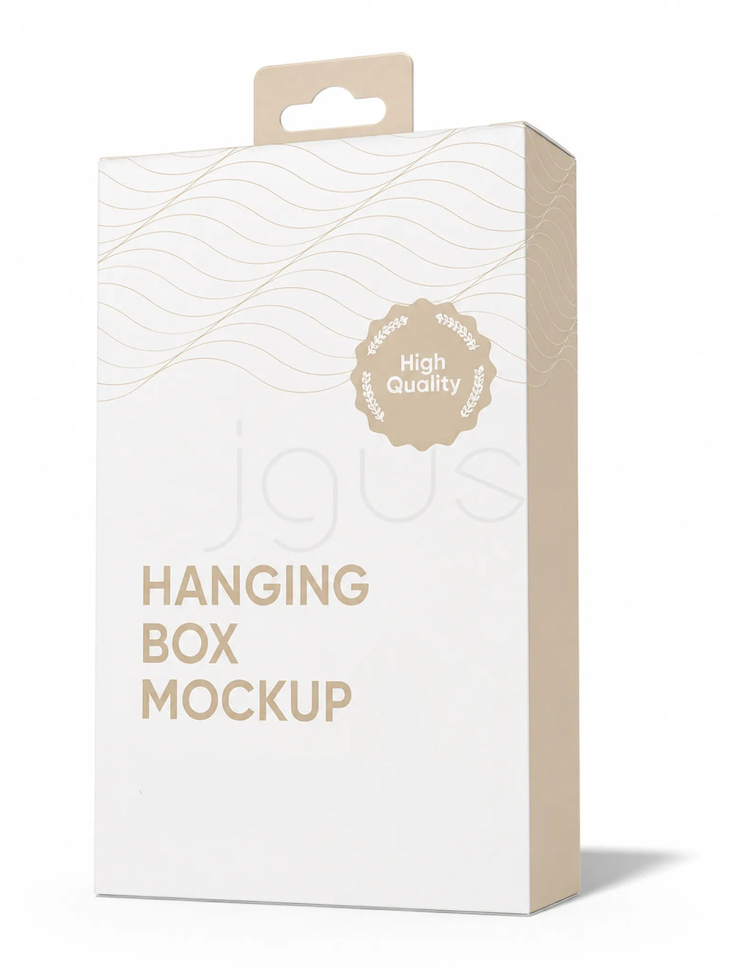 A hanging retail box mockup in warm off-white and beige tones, with a die-cut hanging tab at the top, subtle wavy line graphics near the upper section, a round 'High Quality' badge, and the text 'HANGING BOX MOCKUP' on the front. The box is shown on a clean white background with a soft shadow.