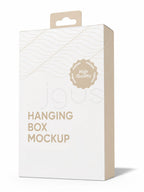 A hanging retail box mockup in warm off-white and beige tones, with a die-cut hanging tab at the top, subtle wavy line graphics near the upper section, a round 'High Quality' badge, and the text 'HANGING BOX MOCKUP' on the front. The box is shown on a clean white background with a soft shadow.