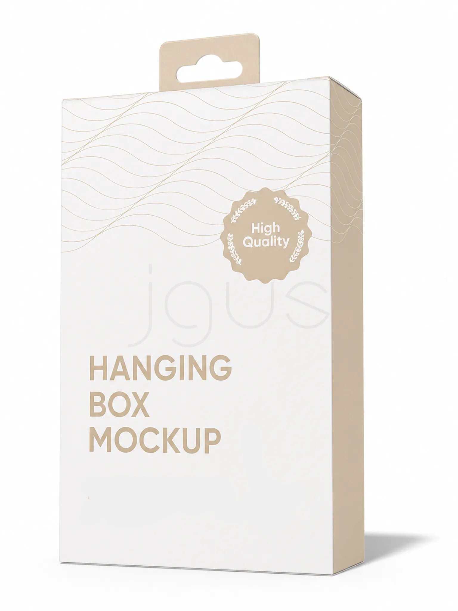 A hanging retail box mockup in warm off-white and beige tones, with a die-cut hanging tab at the top, subtle wavy line graphics near the upper section, a round 'High Quality' badge, and the text 'HANGING BOX MOCKUP' on the front. The box is shown on a clean white background with a soft shadow.